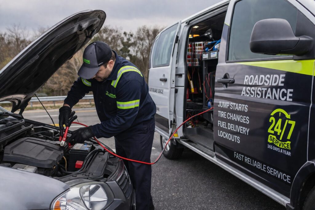 an image of a man providing roadside jumpstart services