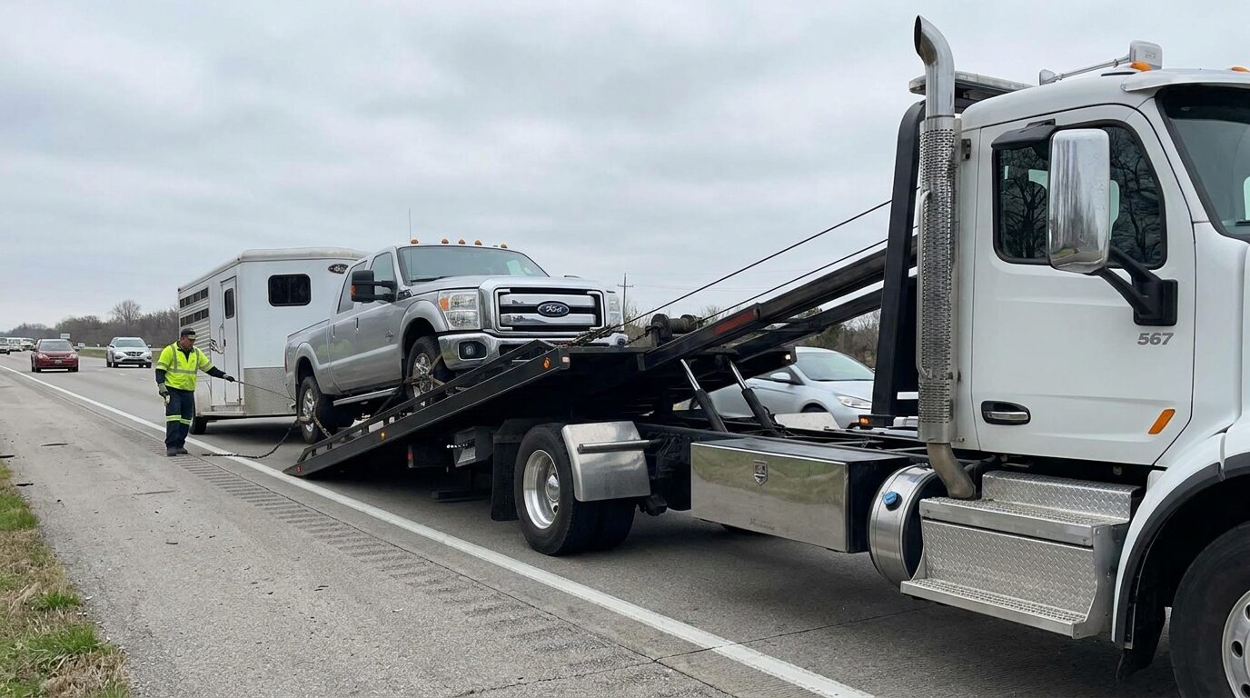 Pickup truck with trailer attached being loaded onto a flatbed tow truck
