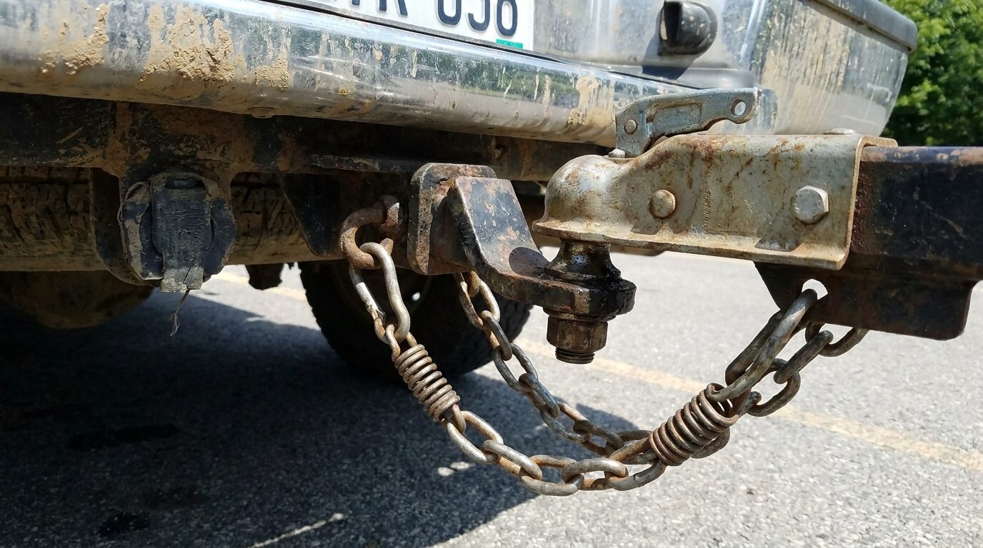 Close-up of a trailer hitch and safety chains attached to a truck