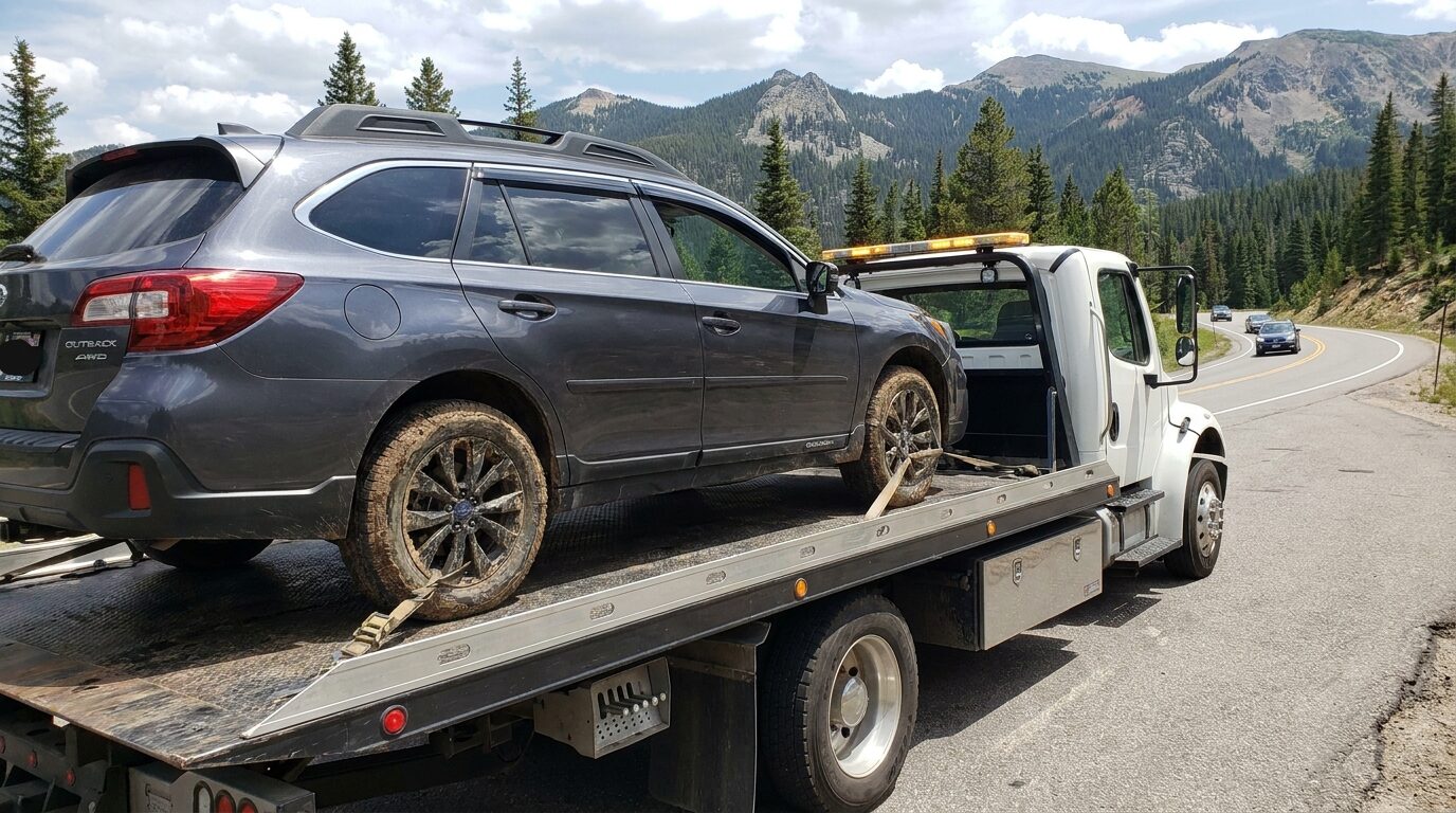 SUV with all-wheel drive being towed on a flatbed truck