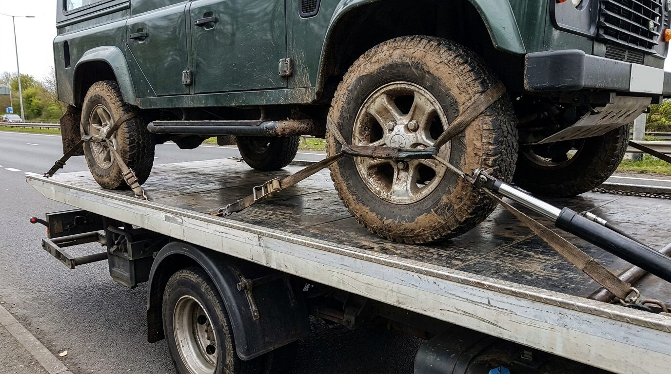 Close-up of all four wheels of an SUV lifted onto a flatbed
