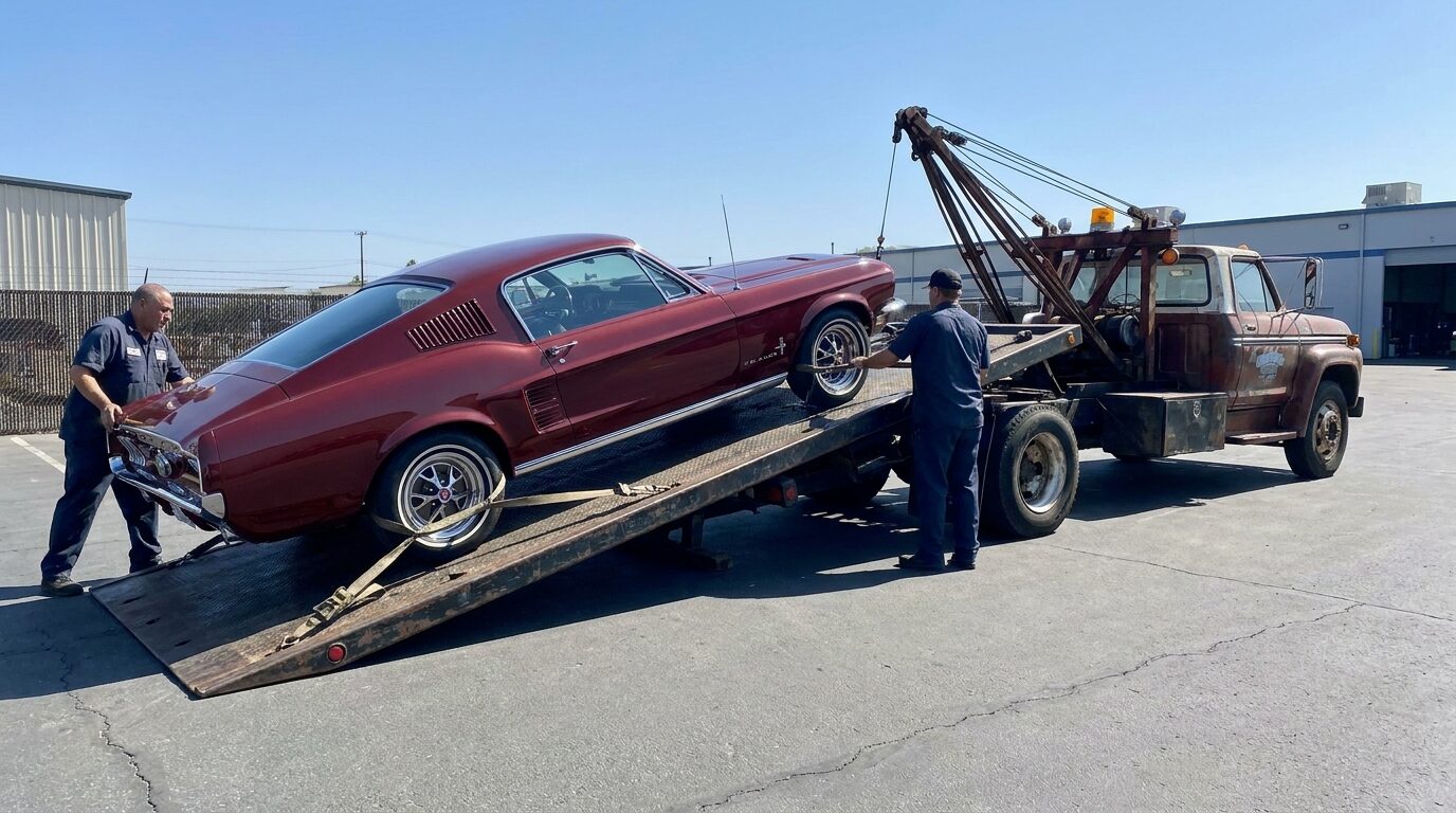 Classic vintage car being carefully loaded onto a flatbed tow truck