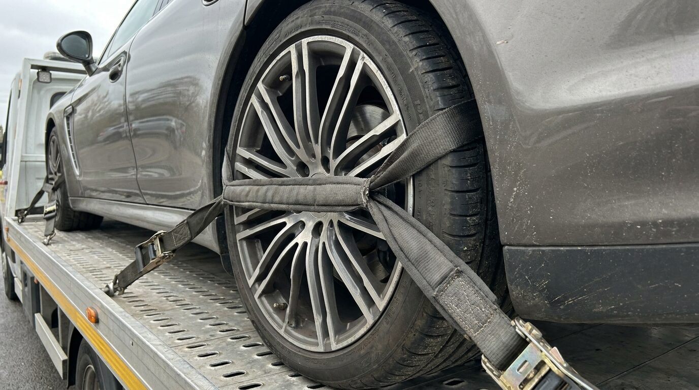 Soft tie-down straps securing a luxury car wheel on a flatbed