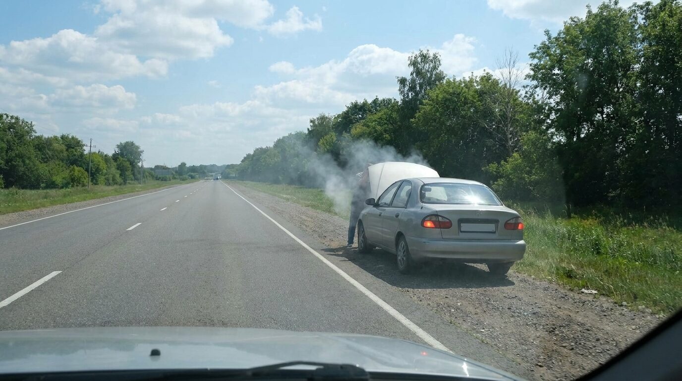 Car with smoke coming from under the hood parked on the roadside
