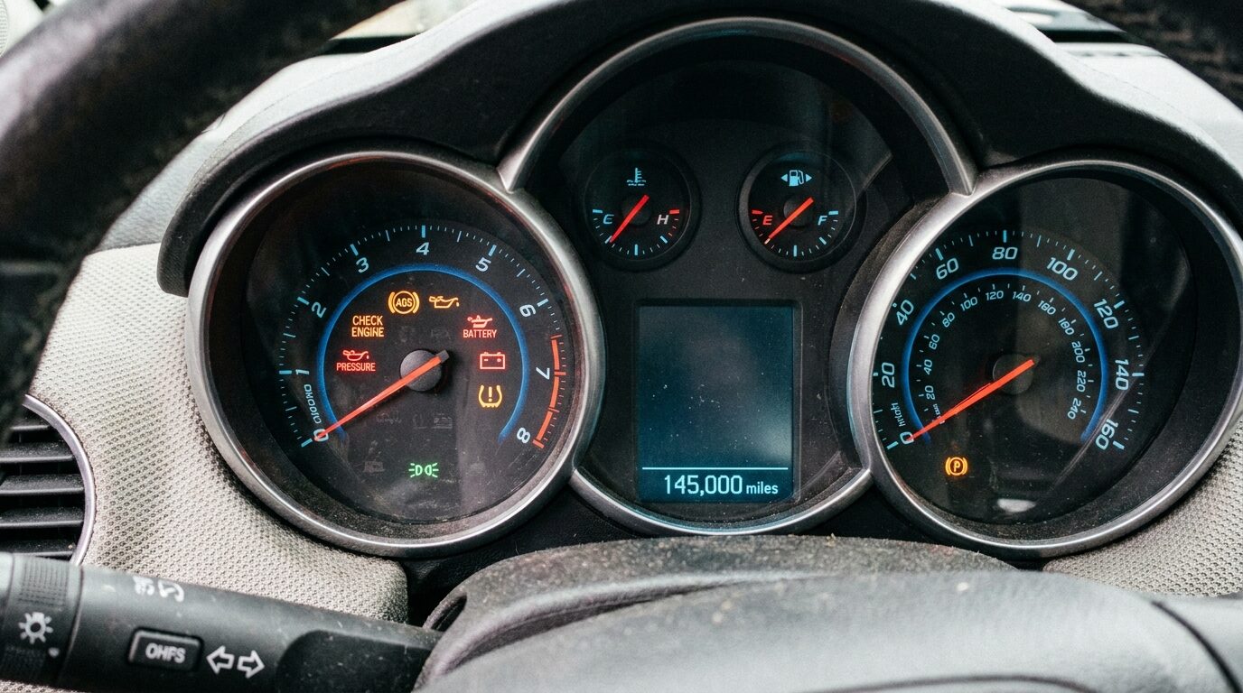 Car dashboard with multiple warning lights illuminated
