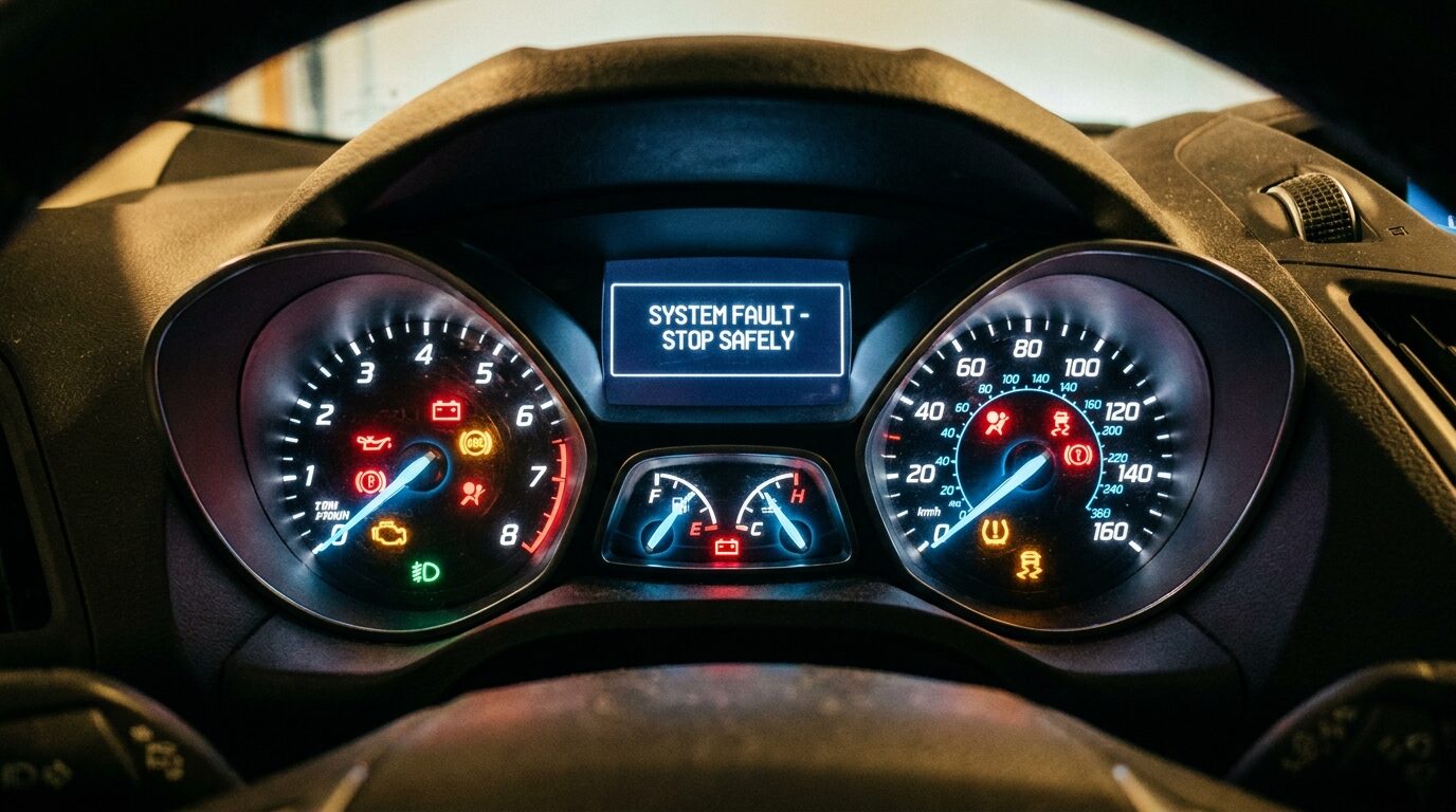 Car dashboard instrument cluster with warning lights illuminated at night
