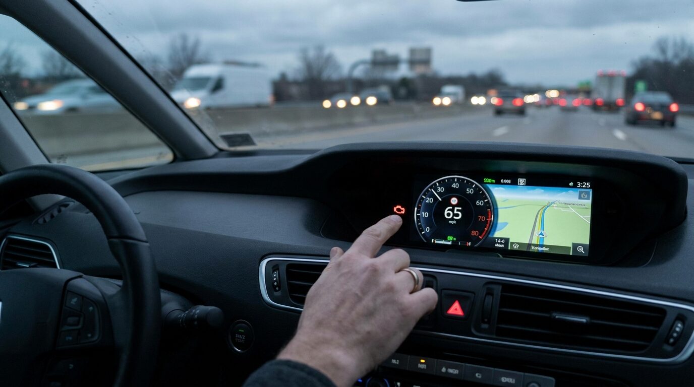 Driver's hand pointing at a dashboard warning light while driving