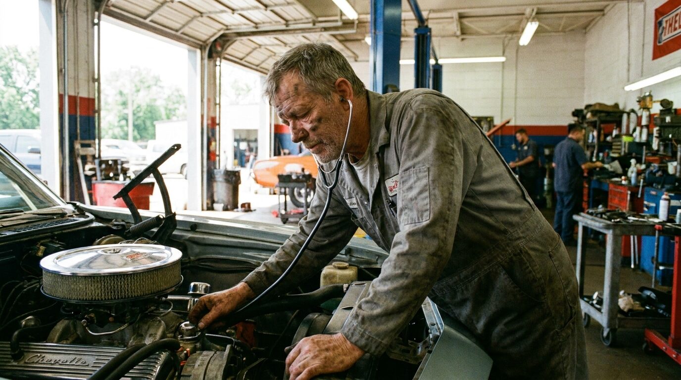 Mechanic listening closely to a car engine in a repair garage