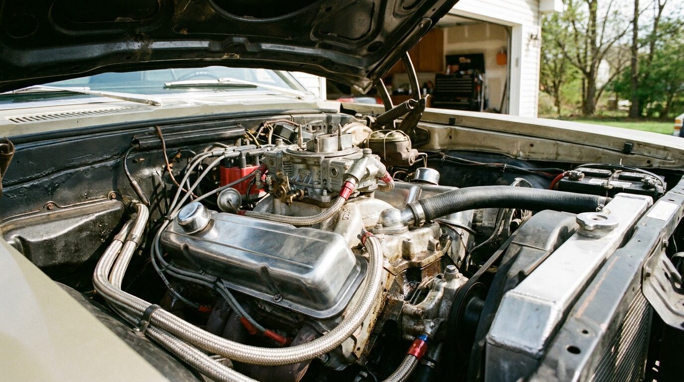 Close-up of an open car engine bay