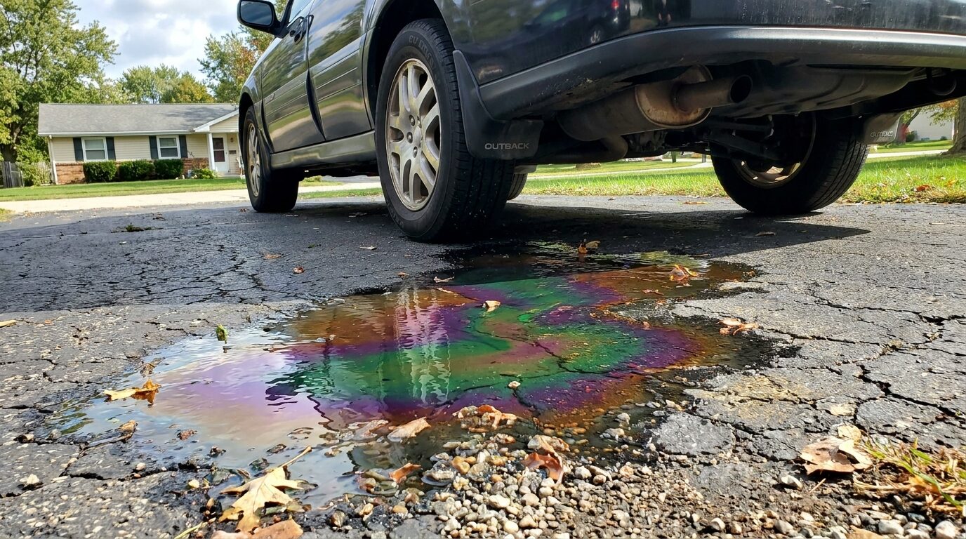 Puddle of colored fluid under a parked car in a driveway