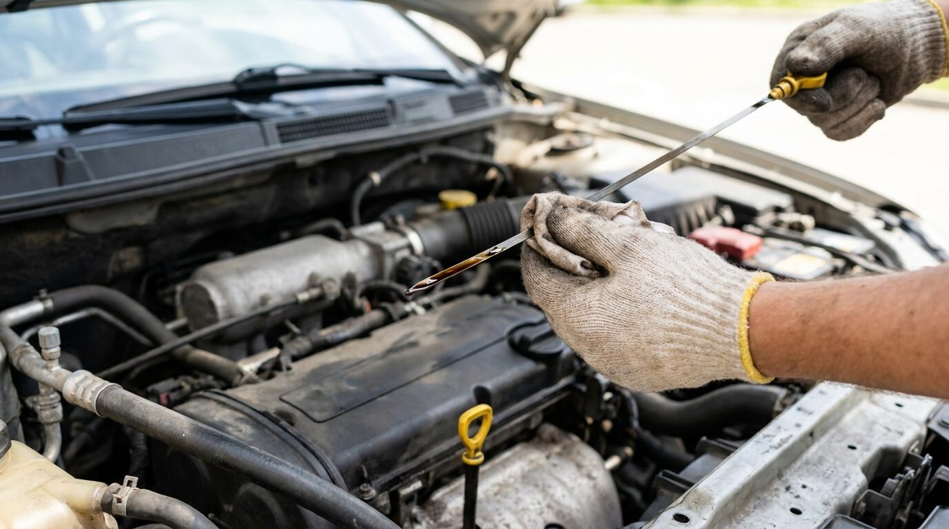Someone checking a car oil dipstick under the hood