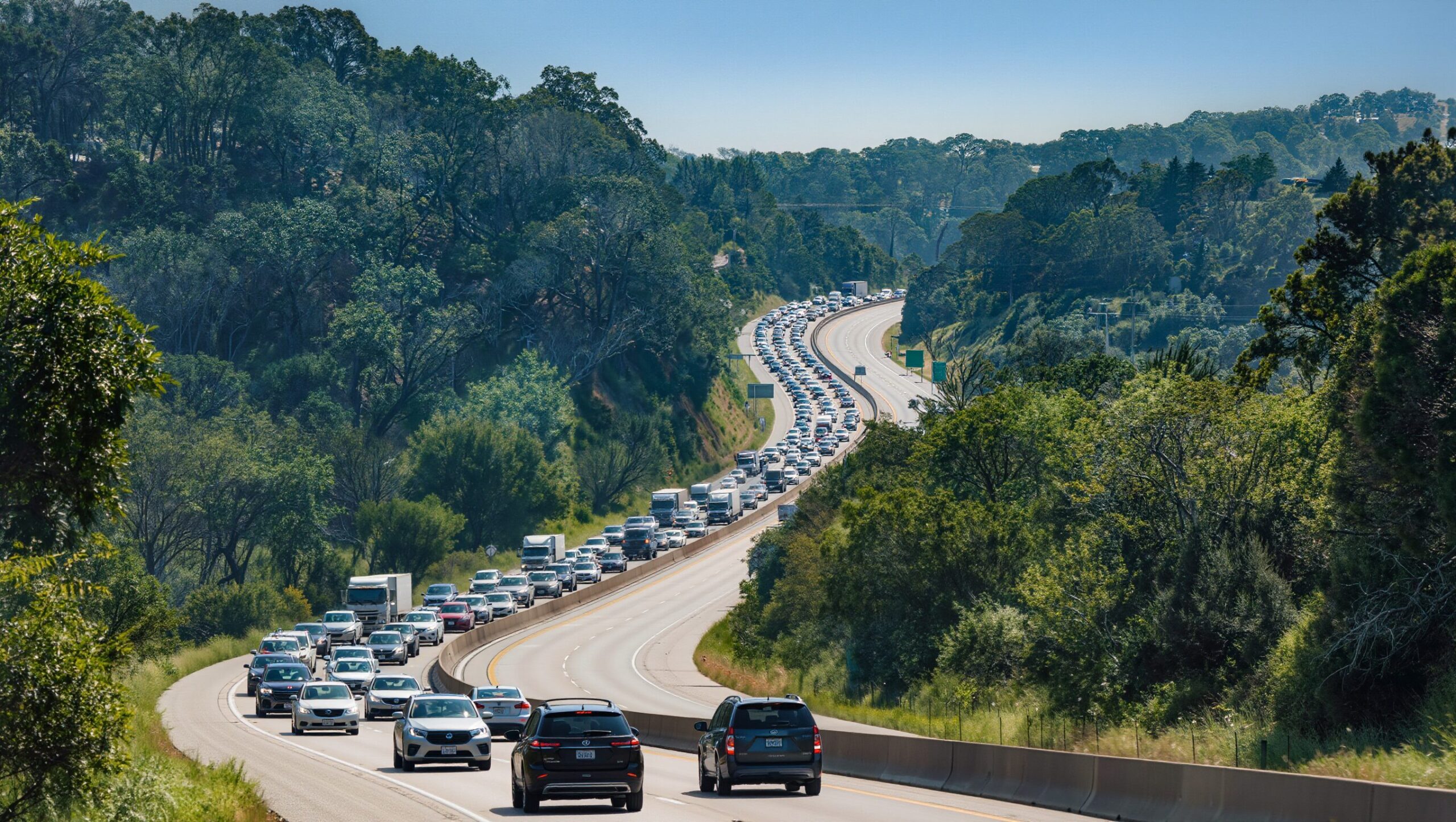 Heavy traffic on a two-lane highway winding through wooded hills