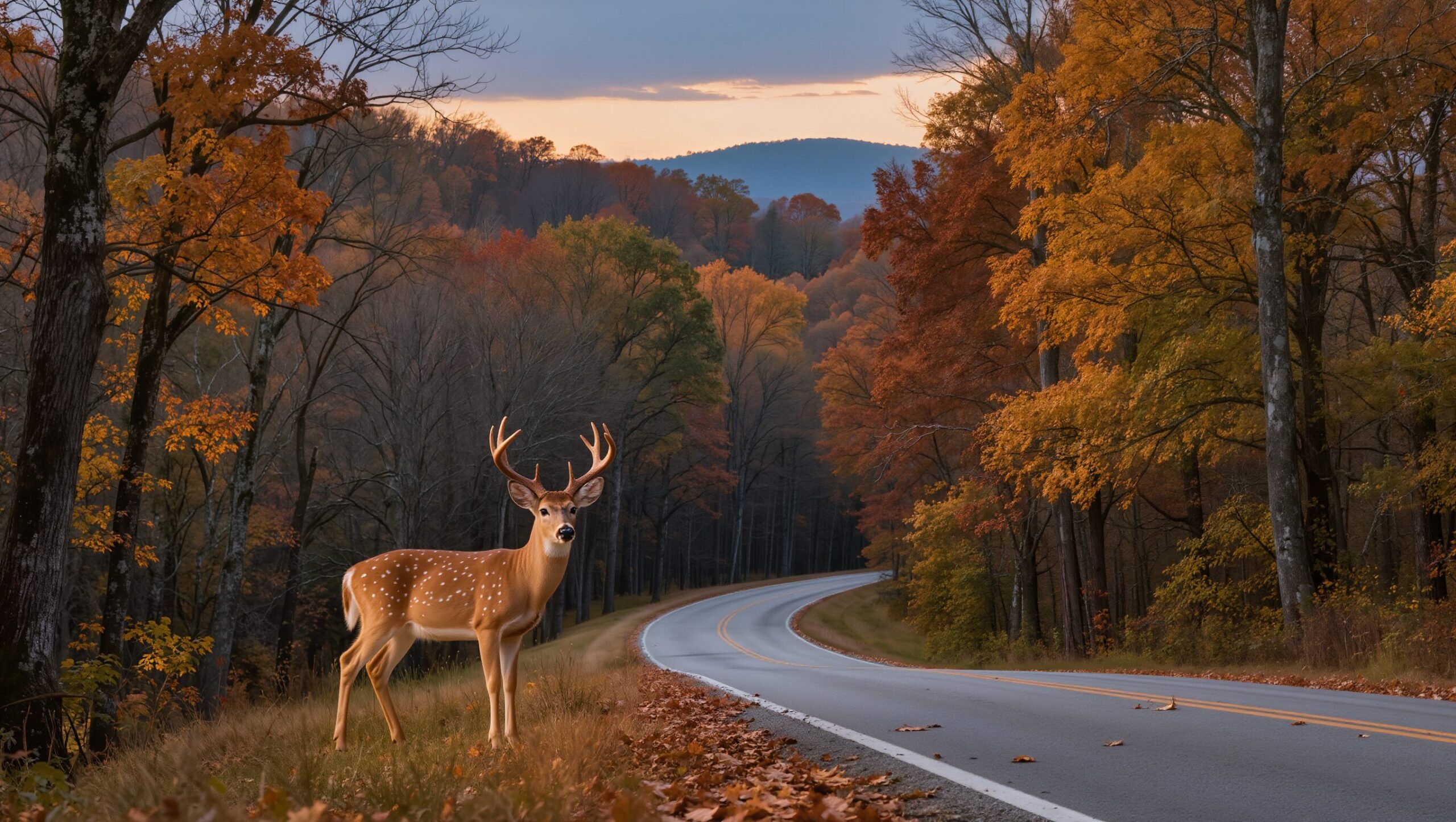 Deer standing at the edge of a winding rural hill road in dense forest