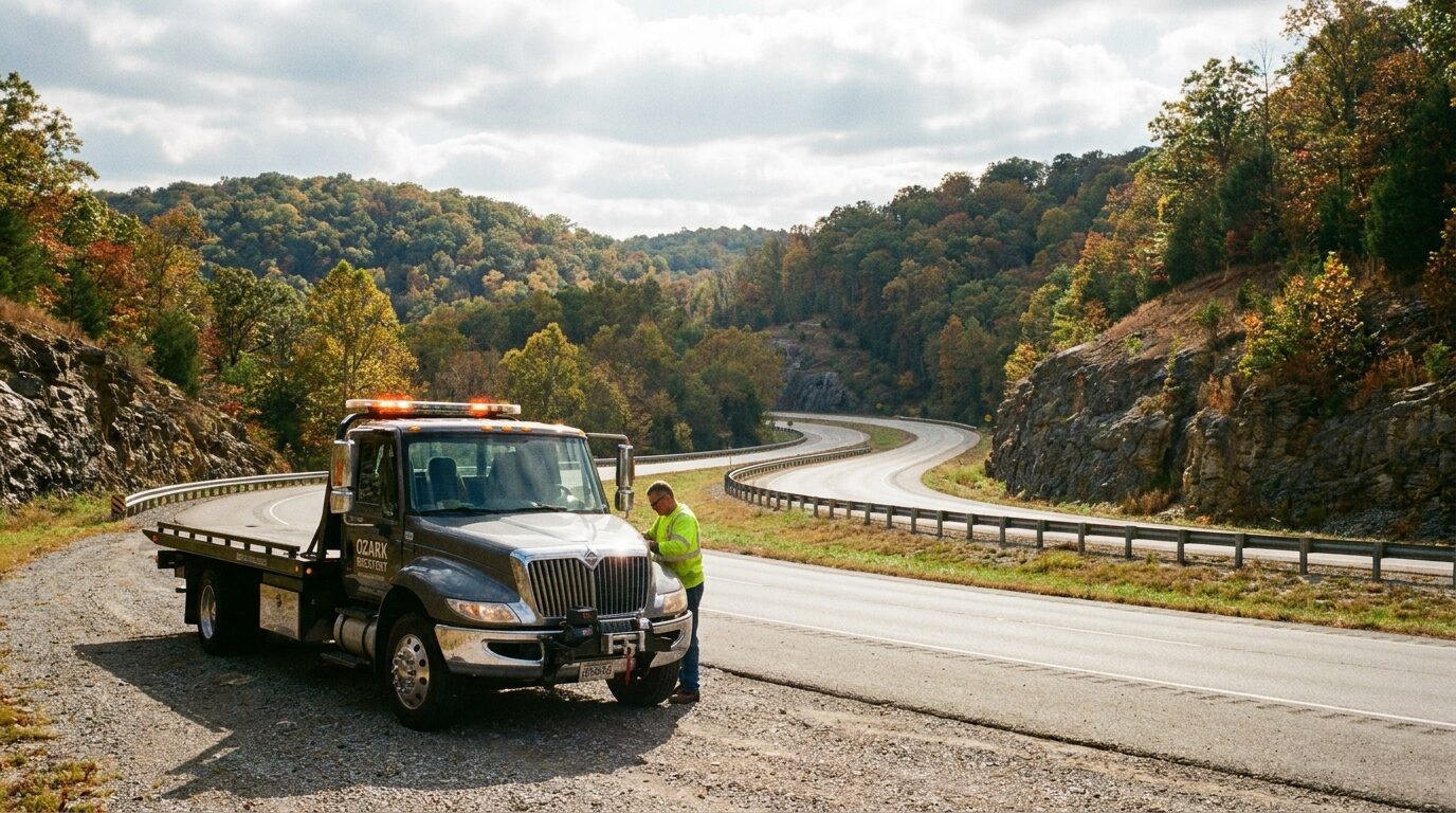 Tow truck on the shoulder of a winding hilly Ozark highway
