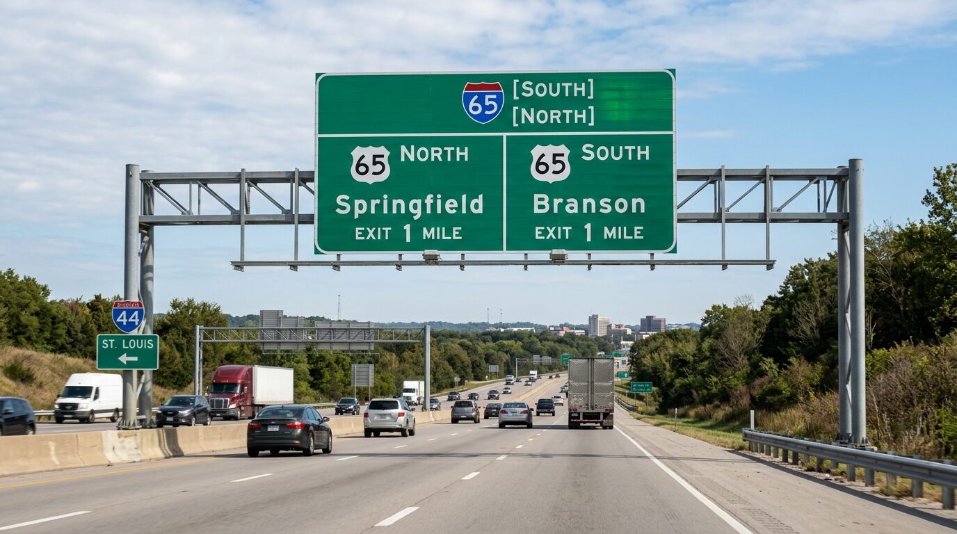 Highway sign for Highway 65 near Springfield, Missouri