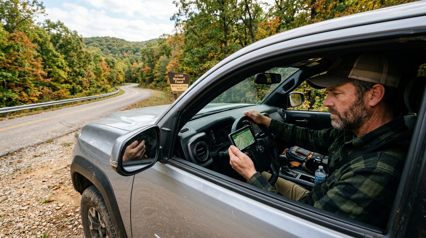 Driver checking a GPS map while parked on a rural Ozark road