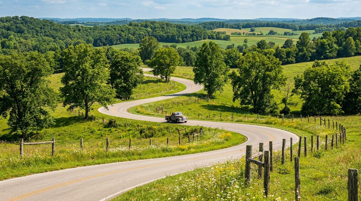 Winding rural road through green Ozark hills