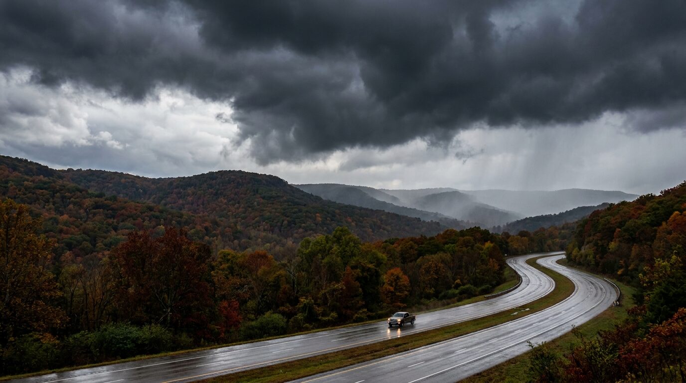 Storm clouds over rolling Ozark hills with a rural highway below