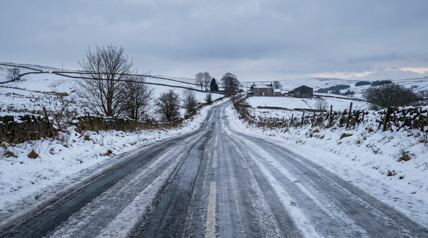Icy rural road through hills in winter