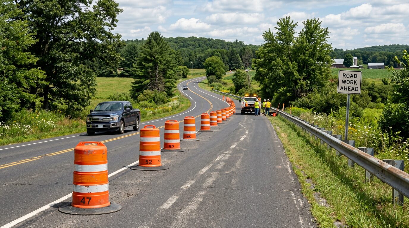 Orange construction cones on a rural two-lane highway