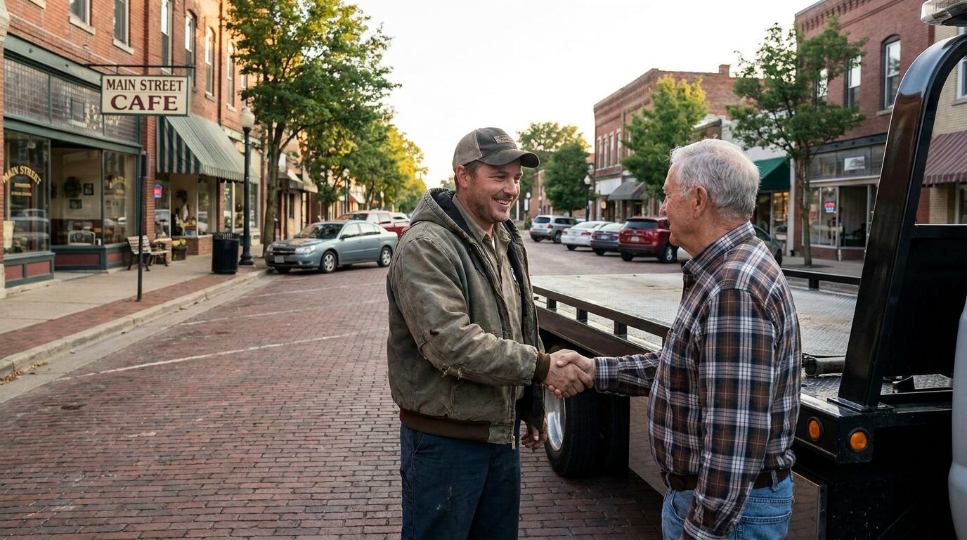 Friendly local tow truck driver shaking hands with a customer
