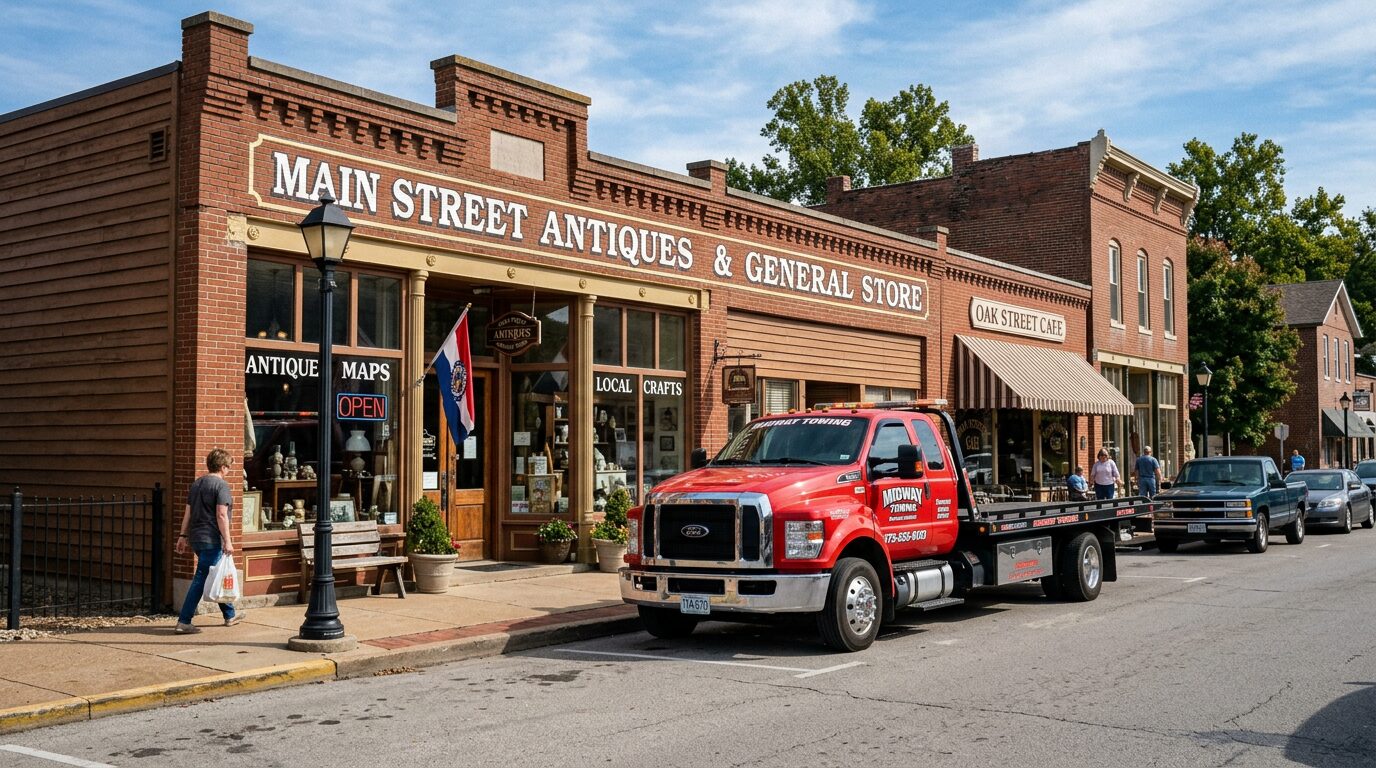 Tow truck parked in front of a small town Missouri storefront
