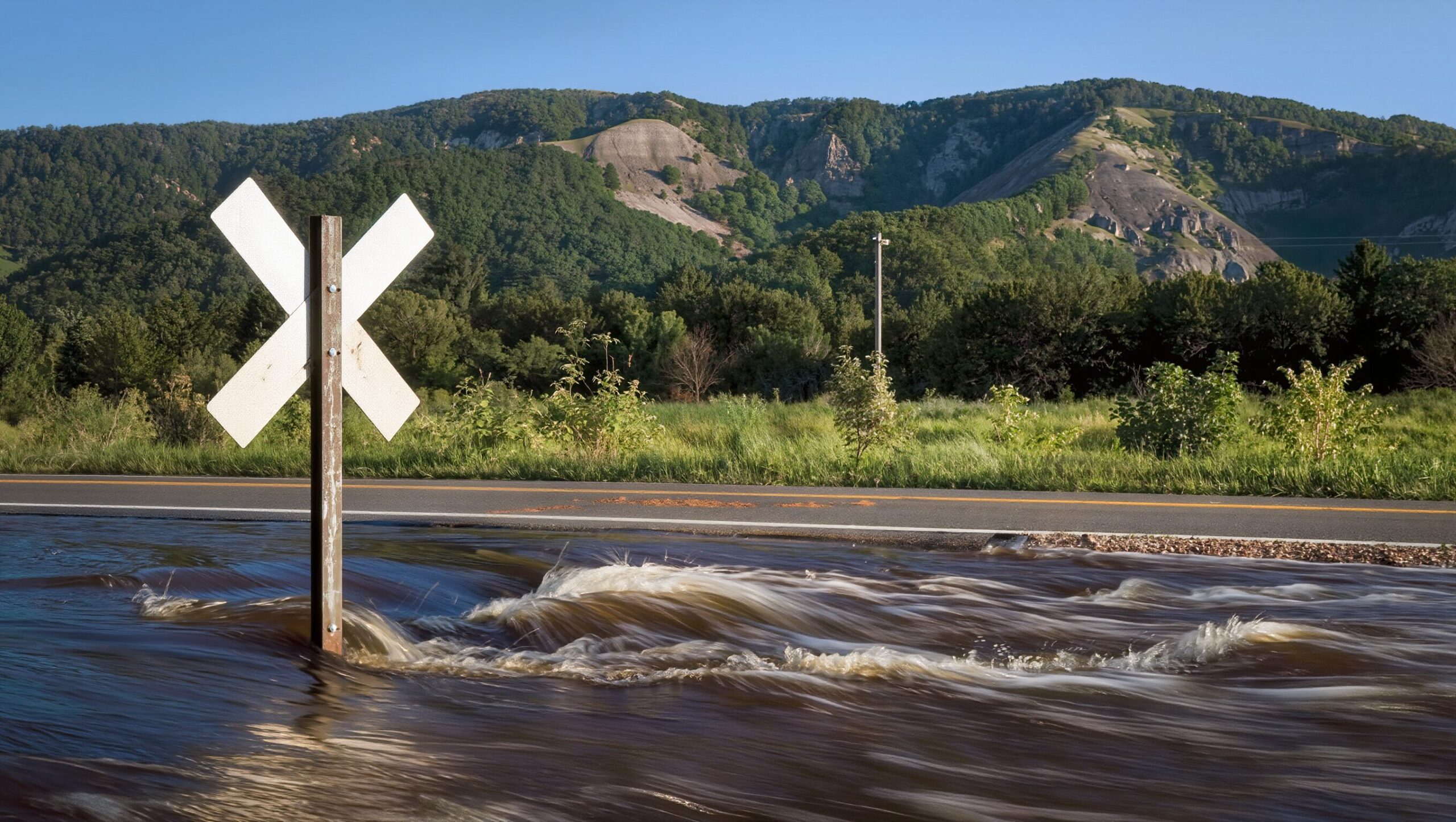 Low water crossing sign next to a flooded rural road with fast moving water